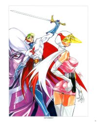 1girl 2boys ass belt breasts cape gatchaman gloves highres jun_the_swan ken_the_eagle large_breasts multiple_boys muscular oobari_masami superhero_costume sword weapon