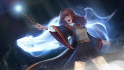1girl :d black_skirt breasts brown_eyes brown_hair cowboy_shot dutch_angle expecto_patronum harry_potter_(series) hermione_granger highres hogwarts_school_uniform large_breasts light long_hair long_sleeves necktie open_mouth pie_yokai pleated_skirt school_uniform shirt skirt smile solo teeth upper_teeth_only wand weasel wizarding_world
