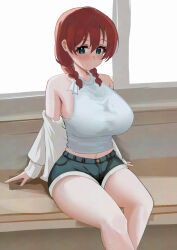 Rule 34 | 1girl, aqua eyes, arm support, black shorts, blush, braid, breasts, brown hair, closed mouth, emma verde, freckles, hair between eyes, hair over shoulder, highres, jacket, large breasts, looking at viewer, love live!, love live! nijigasaki high school idol club, midriff peek, navel, pisagi, shirt, shorts, sidelocks, sitting, sleeveless, sleeveless shirt, smile, solo, split mouth, thighs, twin braids, white jacket, white shirt