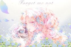 1girl blush dowon_(tower_of_god) flower flower_request forget-me-not_(flower) hair_flower hair_ornament hands_up highres hug long_hair looking_at_viewer open_mouth pink_eyes pink_hair skull tower_of_god very_long_hair vinsallyana