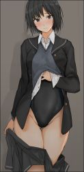 1girl amagami black_hair black_jacket black_sailor_collar black_one-piece_swimsuit brown_eyes competition_swimsuit cowboy_shot dress_shirt grey_background grey_skirt grey_vest jacket kibito_high_school_uniform looking_at_viewer mobu nanasaki_ai one-piece_swimsuit sailor_collar school_uniform shirt short_hair simple_background skirt unworn_skirt solo standing sweater_vest swimsuit swimsuit_under_clothes undressing vest