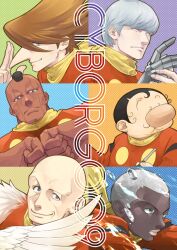 albert_heinrich bald big_nose chang_changku coat cyborg cyborg_009 dragon-inn fist_bump geronimo_jr great_britain_(cyborg_009) grey_hair highres jet_link long_hair mechanical_hands orange_hair pyunma red_coat scarf swimming transformation yellow_scarf