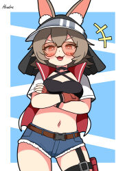 +++ 1girl :3 absurdres animal_ear_fluff animal_ears arknights belt blue_background blue_shorts blush breasts brown_belt brown_hair caper_(arknights) caper_(summer_flowers)_(arknights) crossed_arms fingerless_gloves gloves hendra highres midriff navel official_alternate_costume open_mouth rabbit_ears rabbit_girl red-tinted_eyewear red_gloves short_hair short_shorts shorts simple_background small_breasts solo tinted_eyewear visor_cap