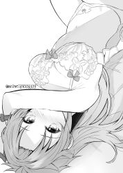 Rule 34 | 1girl, absurdres, alternate costume, arm ribbon, blush, bow, bow bra, bow panties, bra, breasts, commentary request, floral print, greyscale, highres, himemushi momoyo, lingerie, long hair, looking at viewer, lying, medium breasts, meimei (meimei89008309), monochrome, navel, on back, open bra, panties, ribbon, smile, solo, stomach, touhou, twitter username, underwear, upside-down