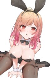 Rule 34 | 1girl, absurdres, ahoge, between legs, black bow, black bowtie, black leotard, black pantyhose, blush, bow, bowtie, breasts, cleavage, detached collar, from above, gradient hair, hair ornament, hairclip, hand between legs, highres, hololive, hololive dev is, ichijou ririka, izumi kei, large breasts, leotard, long hair, looking at viewer, multicolored hair, open mouth, orange eyes, orange hair, pantyhose, pink hair, simple background, sitting, solo, thigh strap, virtual youtuber, wariza, white background, wrist cuffs