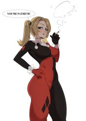 absurdres arrogant bad_tag blonde_hair blue_eyes cell_shading commission femdom foggy har harley_quinn highres looking_at_viewer looking_down smoking smoking_cigarette talking tsundere
