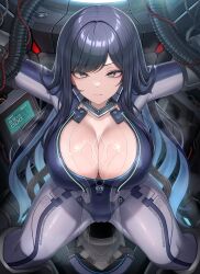1girl absurdres black_hair blush bodysuit breasts cleavage closed_mouth goddess_of_victory:_nikke grey_eyes highres large_breasts long_hair looking_at_viewer mole mole_under_eye open_mouth paid_reward_available raven_(stellar_blade) ruberule smile solo stellar_blade variant_set