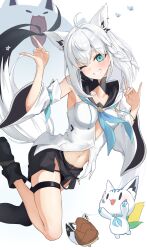 Rule 34 | absurdres, agoberos, ahoge, animal ears, black boots, black shorts, blue eyes, blue neckerchief, blush, boots, detached sleeves, double fox shadow puppet, fox ears, fox girl, fox shadow puppet, fox tail, fubuchun, fubuzilla (shirakami fubuki), highres, hololive, hood, hoodie, looking at viewer, medium hair, neckerchief, one eye closed, oruyanke (shirakami fubuki), shirakami fubuki, shirakami fubuki (1st costume), shorts, smile, solo, sukonbu (shirakami fubuki), tail, thigh strap, virtual youtuber, white hair, white hoodie, white sleeves