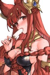 1girl animal_ears anthuria bare_shoulders braid breasts erune food granblue_fantasy hair_ornament highres holding holding_food holding_popsicle koretsuki_azuma large_breasts long_hair popsicle red_hair sexually_suggestive simple_background solo suggestive_fluid white_background