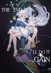 2girls absurdres air_bubble ash_again_(gawr_gura) blue_eyes blue_hair blue_hoodie blue_nails bubble commentary dress english_commentary fins fish_tail gawr_gura gawr_gura_(1st_costume) hair_ornament highres hololive hololive_english hood hoodie long_hair massiveyog multicolored_hair multiple_girls nail_polish red_eyes ribs sandals shark_girl shark_hair_ornament shark_print shark_tail streaked_hair tail toenail_polish toenails virtual_youtuber white_dress white_hair