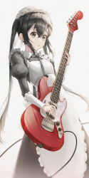 1girl :o absurdres apron black_dress black_hair chinese_commentary commentary_request dress guitar hat highres holding holding_guitar holding_instrument instrument k-on! long_hair long_sleeves maid maid_apron mob_cap nakano_azusa parted_lips puffy_long_sleeves puffy_sleeves simple_background standing twintails user_purg4332 white_background white_hat