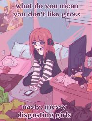 1980s_(style) 1girl black_condor black_pants black_shirt bottle cellphone commentary emi_star english_commentary english_text grey_eyes headphones highres hikikomori long_hair milk_carton morgana_(persona_5) oldschool orange_hair pants persona persona_5 phoenix_ranger_featherman phone pillow pink_argus plate poster_(object) red_hawk retro_artstyle sakura_futaba shirt sitting smartphone solo stuffed_toy tearing_up trash_bag wariza yellow_owl