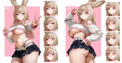 Rule 34 | 1girl, 3:, :3, absurdres, animal ears, ass, bare shoulders, bell, belt, black skirt, blonde hair, blue eyes, blush, bow, bowtie, breasts, cable knit, choker, closed mouth, commentary, commission, crop top, crop top overhang, curvy, earrings, fang, frown, grin, heart, highleg, highres, jewelry, jingle bell, large breasts, long sleeves, looking back, looking to the side, midriff, miniskirt, mole, mole under eye, multiple expressions, multiple rings, multiple views, navel, navel piercing, nose blush, off shoulder, one eye closed, open mouth, original, outstretched arm, panty straps, piercing, pink choker, plaid clothes, plaid skirt, pleated skirt, pout, rabbit ears, regiana (jubi), ribbed shirt, ring, shirt, skirt, smile, stomach, symbol-only commentary, thick thighs, thighs, tongue, tongue out, twisted torso, underboob, v, white shirt