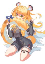 1girl animal_ears black_gloves claw_pose colored_inner_hair elbow_gloves fingerless_gloves gloves green_eyes grey_shirt high-waist_shorts highres hoavu jacket ju_fufu long_hair looking_at_viewer multicolored_hair open_clothes open_jacket orange_fur shirt shorts sitting socks striped_fur tail tail_ornament thigh_strap tiger_ears tiger_girl tiger_stripes tiger_tail wariza white_background white_socks yellow_jacket zenless_zone_zero