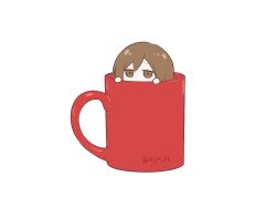 1girl brown_eyes brown_hair chibi commentary_request cup hariikei in_container in_cup meiko_(vocaloid) mug peeking_out simple_background solo vocaloid white_background