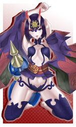 1girl absurdres armpits arms_up bare_shoulders barefoot breasts collarbone eyeliner fate/grand_order fate_(series) gourd headpiece highres horns japanese_clothes kimono kneeling long_sleeves looking_at_viewer makeup obi oni purple_eyes purple_hair purple_kimono revealing_clothes sash short_hair short_kimono shuten_douji_(fate) skin-covered_horns small_breasts smile solo tongue tongue_out wide_sleeves wuni-ling