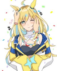 1girl 1other animal_ears blonde_hair blue_hair blush breasts cyril_m45 hand_on_another&#039;s_face horse_ears jacket jacket_on_shoulders japanese_text long_hair neo_universe_(umamusume) one_eye_closed simple_background small_breasts twitter umamusume upper_body white_background