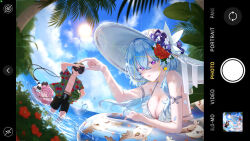 abby_(wuthering_waves) absurdres alternate_costume armlet bare_shoulders black_hair black_male_swimwear blue_hair blue_sky breasts character_print cleavage closed_mouth cloudy_(wuthering_waves) colored_eyelashes commentary_request cosmos_(wuthering_waves) day encore_(wuthering_waves) fake_phone_screenshot fake_screenshot food fruit hair_between_eyes hand_up hat hawaiian_shirt highres holding holding_food holding_fruit holding_watermelon innertube jewelry large_breasts long_hair looking_at_viewer male_rover_(wuthering_waves) male_swimwear nini0_0 open_clothes open_shirt outdoors pink_hair pout purple_eyes rover_(wuthering_waves) shirt shorekeeper_(wuthering_waves) sky sunglasses swim_ring toned toned_male watermelon wet white_hat wuthering_waves