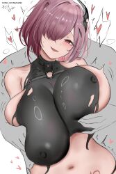 1boy 1girl absurdres bare_shoulders black_horns black_skirt blush breasts collarbone commentary covered_erect_nipples fang goddess_of_victory:_nikke grabbing_from_behind groping hair_over_one_eye heart heart_in_eye highres horns huge_breasts medium_hair nashuhentai navel o-ring one_eye_covered one_side_up open_mouth pink_eyes pink_hair sideboob simple_background single_horn skin_fang skirt solo_focus stomach symbol_in_eye twitter_username unaligned_breasts white_background ziz_(nikke)