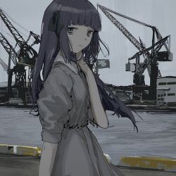 Rule 34 | 1girl, aikatsu!, aikatsu! (series), bad id, bad twitter id, black ribbon, blunt bangs, closed mouth, cowboy shot, crane (machine), dress, grey dress, hair ribbon, hand up, harbor, highres, hikami sumire, inactive account, long hair, looking at viewer, muted color, outdoors, purple eyes, purple hair, ribbon, solo, standing, suiso (owp)