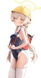 1girl absurdres backpack bag blue_archive blue_one-piece_swimsuit blush breasts brown_hair commentary_request cowboy_shot crime_prevention_buzzer flute from_side hair_between_eyes halo hat hifumi_(blue_archive) highres hooming_illust instrument legs_together loli long_hair looking_at_viewer low_twintails medium_breasts old_school_swimsuit one-piece_swimsuit parted_lips peroro_(blue_archive) randoseru recorder revision school_hat school_swimsuit simple_background solo standing swimsuit thighhighs twintails very_long_hair white_background white_thighhighs winged_halo yellow_eyes yellow_halo yellow_hat