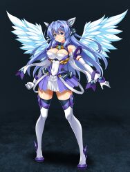 1girl absurdres armlet bare_shoulders blue_eyes blue_gemstone blue_hair blue_shoes blue_skirt breasts cleavage closed_mouth covered_navel elbow_gloves exs-tia full_body gem gloves hair_intakes headgear highres jewelry katsuragi_marina kouyoku_senki_exs-tia large_breasts layered_skirt legs_apart long_hair lusterise magical_girl open_mouth pleated_skirt shoes sirano skirt smile solo standing straight_hair tachi-e thighhighs white_gloves white_thighhighs white_wings wings zettai_ryouiki