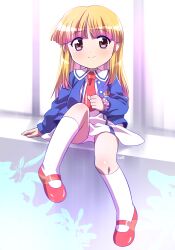 1girl blonde_hair blue_cardigan blunt_bangs blunt_sidelocks brown_eyes cardigan closed_mouth dress full_body highres himehachi_(hime8manga) kayama_licca kneehighs licca-chan_(franchise) long_hair long_sleeves mary_janes necktie open_cardigan open_clothes panties pantyshot red_necktie red_shoes shoes sitting smile socks solo split_mouth super_doll_licca-chan underwear white_dress white_panties white_socks