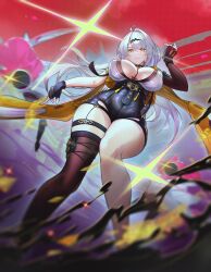 1girl absurdres ahoge asymmetrical_gloves between_fingers black_gloves black_thighhighs breasts breasts_apart covered_erect_nipples dioscoreae031 ethereal_(zenless_zone_zero) fingerless_gloves from_below glint gloves hair_ornament high-waist_shorts highres holding jacket large_breasts long_hair looking_at_viewer looking_down ofuda ofuda_between_fingers parted_lips shorts single_thighhigh smile sparkle thick_thighs thigh_strap thighhighs thighs twitter_username uneven_gloves white_hair yellow_eyes yi_xuan_(zenless_zone_zero) zenless_zone_zero