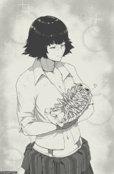 1girl belt_pouch capcom cleavage_cutout closed_mouth clothing_cutout creature devil_may_cry devil_may_cry_(series) devil_may_cry_3 gloves greyscale half-closed_eyes hatching_(texture) heart highres holding holding_creature isopod jewelry lady_(devil_may_cry) looking_at_another monochrome navel necklace pouch scar scar_on_face scar_on_nose short_hair smile solo sparkle spoilers twitter_username tyrone what