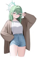 1girl absurdres blue_eyes blue_shorts brown_coat closed_mouth coat cropped_legs denim denim_shorts green_hair halo hand_on_own_hip hand_up high-waist_shorts highres long_hair long_sleeves looking_at_viewer one_eye_closed open_clothes open_coat shirt shirt_tucked_in short_shorts shorts simple_background smile solo stellive straight_hair thighs v virtual_youtuber white_background white_shirt yireh yuzuha_riko