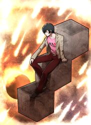 1boy beard_stubble belt black_hair black_shoes block_(object) brown_jacket brown_pants catherine_(game) cube english_text facial_hair floating floating_object from_side full_body hand_on_own_knee heart heart_print hoshi_(star-name2000) jacket male_focus messy_hair meteor_shower mustache_stubble orange_background pants pink_shirt shirt shoes short_hair sitting solo star_(sky) stubble vincent_brooks