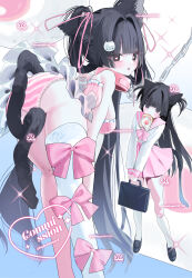 1girl absurdres animal_ears ass black_hair cat_ears cat_girl cat_tail commission full_body highres long_hair multiple_views original panties pink_ribbon pink_skirt r_(leoleoleonard) ribbon shirt skeb_commission skirt solo striped_clothes striped_panties tail twitter_username underwear white_shirt