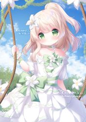 1girl bare_shoulders blonde_hair blue_sky blush borrowed_character bow choker cloud commentary commission day dress english_commentary flower green_bow green_choker green_eyes green_ribbon hair_flower hair_ornament hamiyamiko highres jewelry long_hair looking_at_viewer necklace off-shoulder_dress off_shoulder original outdoors pearl_necklace ribbon sky smile solo white_dress white_flower white_sleeve_cuffs