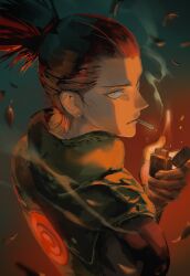 1boy back bikkusama black_hair cigarette closed_mouth flak_jacket green_jacket high_ponytail highres jacket konohagakure_shinobi_uniform konohagakure_symbol lighter looking_at_viewer looking_back male_focus nara_shikamaru naruto_(series) ponytail short_hair smoke solo