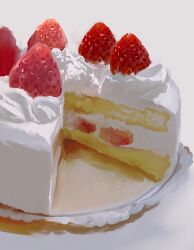 cake cake_slice commentary dessert english_commentary food food_focus fruit highres icing no_humans original painterly plate sara_(srsrmrmr) simple_background still_life strawberry strawberry_shortcake white_background