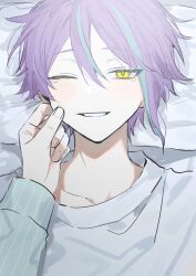 1boy absurdres aqua_hair cheek_pinching commentary_request crew_neck double-parted_bangs hair_between_eyes highres hikentai3 kamishiro_rui long_sleeves looking_at_viewer lying male_focus multicolored_hair on_back one_eye_closed out_of_frame pinching project_sekai purple_hair shirt solo_focus streaked_hair tearing_up upper_body white_shirt yellow_eyes