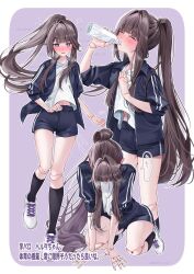 bottle breath doll_joints drinking exhausted herta_(honkai:_star_rail) highres joints long_hair purple_eyes running shoes shorts sneakers sportswear sweat very_long_hair water_bottle white_shoes yuuyu_(moco20111115)