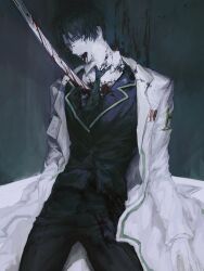 1boy black_hair black_suit blood blood_on_clothes blood_on_face blood_on_mouth blood_on_wall blood_splatter coat collared_shirt corpse cowboy_shot death dongrang_(project_moon) formal_clothes glasses green_eyes green_hair green_necktie head_tilt highres impaled limbus_company male_focus messy_hair necktie on_ground open_mouth project_moon shirt short_hair solo suit teeth upper_teeth_only white_coat white_shirt wuruko