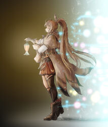 1girl absurdres ahoge ankle_boots boots brown_capelet brown_cloak brown_corset brown_hair cape capelet cloak closed_eyes corset dagger energy energy_ball feather_hair_ornament feathers gloves hair_ornament hairclip highres holding holding_lantern hololive hololive_english hood hooded_cloak kneehighs knife lantern light_particles long_hair multicolored_hair nanashi_mumei nanashi_mumei_(1st_costume) nymph_rhythm partially_fingerless_gloves pleated_skirt ponytail red_skirt ribbon shirt single_kneehigh single_sock single_thighhigh sketch skirt socks streaked_hair thighhighs very_long_hair virtual_youtuber weapon white_shirt