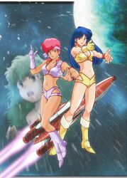 Rule 34 | 1980s (style), 3girls, armband, blue eyes, blue hair, boots, breasts, cleavage, commentary, crop top, dark-skinned female, dark skin, dirty pair, dokite tsukasa, earrings, finger gun, gloves, green hair, hand up, headband, high heel boots, high heels, highres, jewelry, kei (dirty pair), long hair, looking at viewer, medium breasts, micro shorts, midriff, missiny, multiple girls, navel, official art, oldschool, open mouth, planet, production art, red eyes, red hair, retro artstyle, rocket ship, scan, shirt, short hair, shorts, single glove, sleeveless, sleeveless shirt, smile, space, spacecraft, standing, star (sky), thighs, thrusters, white boots, white gloves, white headband, white shirt, white shorts, wristband, yellow boots, yellow gloves, yellow shirt, yellow shorts, yuri (dirty pair)