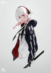 Rule 34 | 1girl, black jacket, black necktie, breasts, closed mouth, collared shirt, colored tips, cropped torso, expressionless, gloves, headgear, heavily armed high school girls, highres, holding, holding sword, holding weapon, hood, hood down, hooded jacket, jacket, long sleeves, looking at viewer, midriff peek, multicolored hair, necktie, neco, print jacket, red eyes, shi (heavily armed high school girls), shi (neco), shirt, short hair, simple background, small breasts, solo, sword, weapon, white background, white gloves, white hair, white shirt