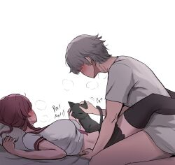 1boy 1girl aftersex black_thighhighs caelus_(honkai:_star_rail) cat crop_top english_text grey_hair hans-kun highres honkai:_star_rail honkai_(series) kafka_(honkai:_star_rail) on_bed petting purple_hair shirt simple_background skirt thighhighs trailblazer_(honkai:_star_rail) white_background white_shirt