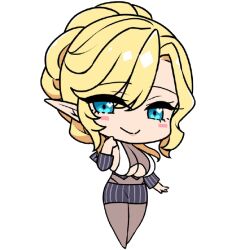 Rule 34 | 1girl, arm at side, arm up, bad id, bad source, black pantyhose, blonde hair, blue eyes, blush, breasts, chibi, chibi only, closed mouth, clothing cutout, derauea, elf, folded ponytail, heart, heart in eye, jacket, large breasts, long hair, long pointy ears, looking at viewer, milk factory, motto! haramase! honoo no oppai isekai oppai maid gakuen!, nunnun lafleur, official art, pantyhose, pencil skirt, pointy ears, sidelocks, skirt, smile, solo, striped clothes, striped jacket, symbol in eye, thong, transparent background, underboob cutout