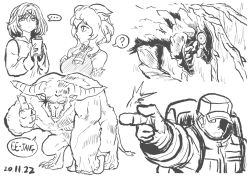 Rule 34 | ..., 1boy, 2girls, ?, backpack, bag, bare shoulders, breasts, coat, cup, ganyu (genshin impact), genshin impact, greyscale, hat, holding, holding cup, horns, large breasts, monochrome, monster, monster hunter (series), multiple girls, rajang, riffle hunter, shaded face, shara ishvalda, short hair, simple background, sketch, spoken question mark, white background