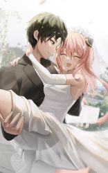 1boy 1girl ^_^ absurdres anya_(spy_x_family) bare_shoulders black_hair blush bride carrying closed_eyes couple damian_desmond detached_sleeves double_bun dress closed_eyes flower hair_bun happy hetero highres husband_and_wife long_sleeves married mungduck aged_up open_mouth pink_hair princess_carry rose sleeveless sleeveless_dress spy_x_family tuxedo veil wedding wedding_dress white_dress white_flower white_rose yellow_eyes