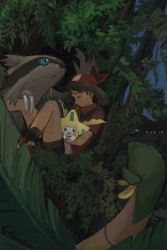 1girl bandana black_legwear brown_hair claws closed_eyes closed_mouth collared_shirt commentary gen_3_pokemon head_down highres holding holding_pokemon jirachi legendary_pokemon linoone may_(pokemon) medium_hair minahamu mythical_pokemon night nintendo outdoors pokemon pokemon_(creature) pokemon_rse red_bandana red_shirt shirt shoes short_sleeves sky socks star_(sky) tree tropius