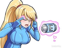 1girl blonde_hair blue_bodysuit bodysuit breasts canadiananiguy closed_eyes energy_tank finger_to_head floating floating_object gameplay_mechanics large_breasts levitation long_hair man_levitating_pizza_(meme) meme metroid metroid_prime_4:_beyond nintendo samus_aran simple_background solo white_background zero_suit