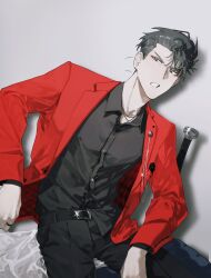 1boy arm_on_own_leg baseball_bat belt belt_buckle black_belt black_hair black_pants black_shirt brown_eyes buckle chinese_commentary collared_shirt commentary_request dress_shirt drop_shadow grey_background highres jacket kinzoku_bat lapels layered_sleeves long_sleeves looking_to_the_side male_focus metal_baseball_bat notched_lapels one-punch_man open_clothes open_collar open_jacket pants parted_lips red_jacket shirt shirt_tucked_in short_hair sideburns sideways_glance sitting solo sparkle suit_jacket wing_collar wuching16