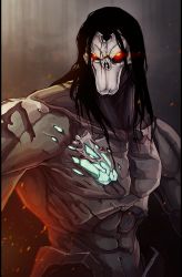 1boy black_hair darksiders death death_(darksiders) death_(entity) glowing glowing_eyes gradient_background grim_reaper highres long_hair male_focus mask muscular solo