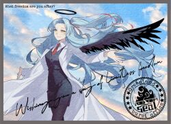 1girl :d angela_(project_moon) black_halo black_leggings black_skirt black_vest black_wings blue_hair blue_sky border calligraphy cloud cloudy_sky coat collared_shirt cowboy_shot curtained_hair english_text feathered_wings grey_border hair_flowing_over hair_ribbon halo high_side_ponytail highres ink_stamp leggings lobotomy_corporation long_hair looking_at_viewer necktie open_clothes open_coat open_mouth outstretched_arms project_moon red_necktie ribbon shirt single_wing skirt sky smile solo very_long_hair vest white_coat white_shirt wings yellow_eyes zukichou